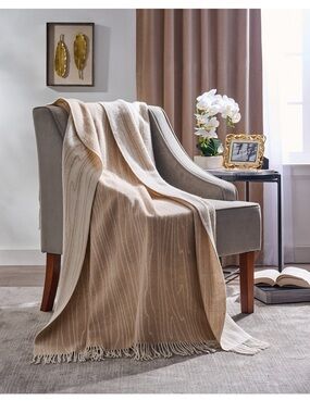 Michael Aram Reversible Woodgrain Throw Blanket w Fringe 100% Wool; color linen